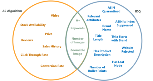 A venn diagram showing the important attributes for both the IDQ and the A9 algorithm.  A+, keywords, number of images and the presence of a zoomable image are the attributes that are important for both