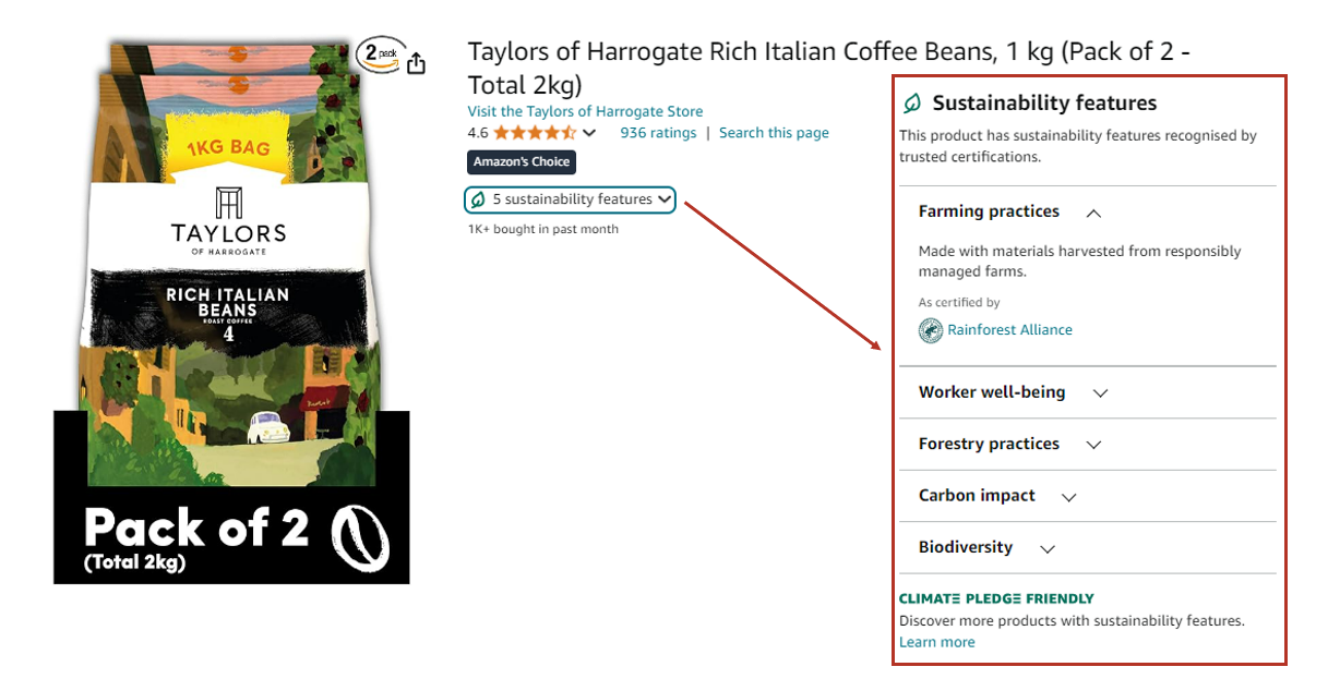 Snip from an Amazon product listing highlighting the sustainability features for a sustainable brand