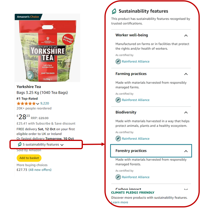 Image of Yorkshire tea from the Amazon website, highlighting the Sustainability features derived from their Climate Pledge Friendly badge from Rainforest Alliance